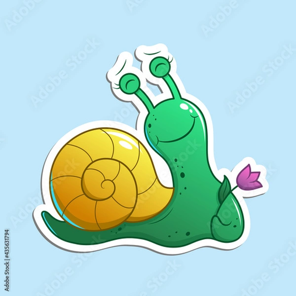 Obraz Cute and cheerful cartoon snail with green body, yellow shell and pink flower, happy and thankful, positive emotions. Vector illustration, sticker isolated on blue background