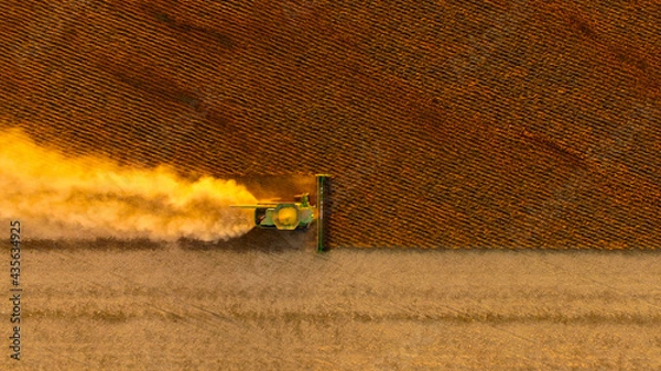 Fototapeta Aerial Photo of Combine Soybean Harvest in North Dakota in October.
