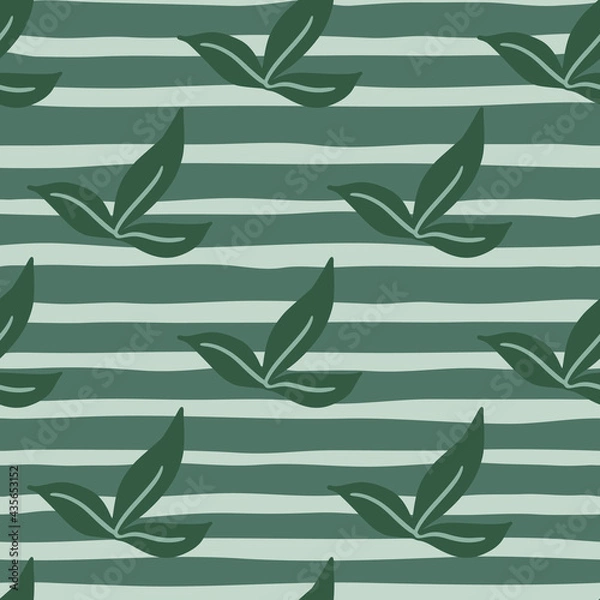 Fototapeta Hand drawn nature seamless pattern with doodle minimalistic leaf print on striped background.