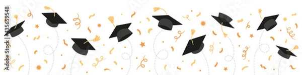 Obraz Graduation Class of 2021 with black graduate caps and gold confetti, ribbon. University, college school education vector background.