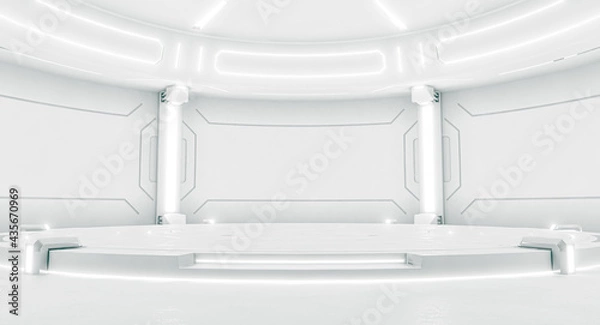 Obraz Futuristic interior with empty stage. Modern Future background. Technology Sci-fi hi tech concept. 3d rendering