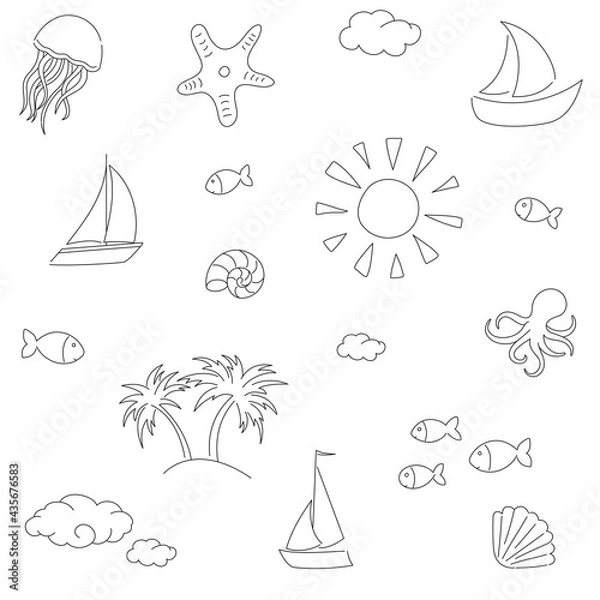 Fototapeta Sketch seamless pattern with sea summer elements. Doodle style.