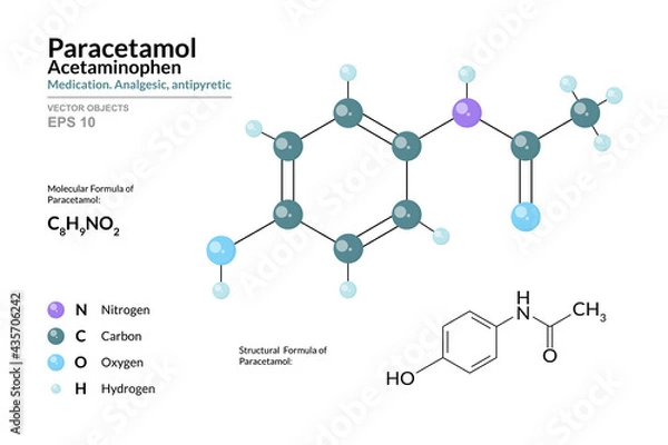 Fototapeta Paracetamol. Acetaminophen. Medication. Analgesic, antipyretic. C8H9NO2. Structural Chemical Formula and Molecule 3d Model. Atoms with Color Coding. Vector Illustration