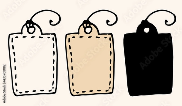 Fototapeta Vector insulated vintage tag for gift. hand-drawn in a doodle style, black outline and silhouette, and brown colored rectangular tag elements with a string pattern on a white background of the design 