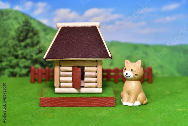 Obraz 猫と丸太小屋