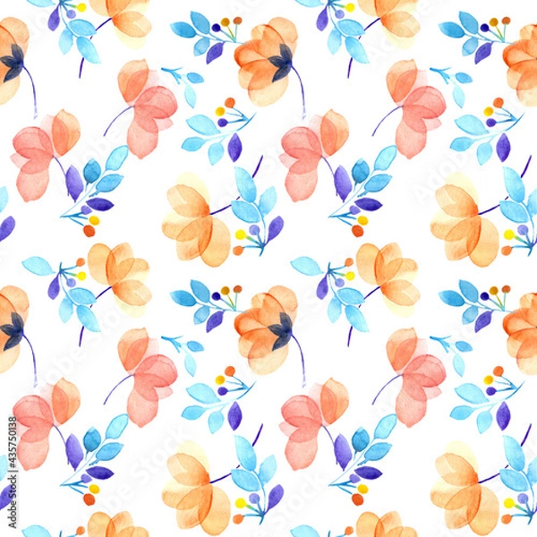 Fototapeta Abstract botanical watercolor repeating pattern with transparent layered flowers and twigs isolated on white background