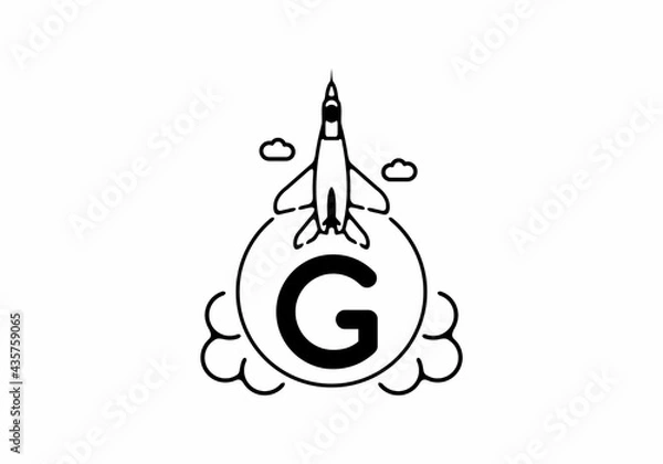 Fototapeta Black line art of G initial letter with flying jet