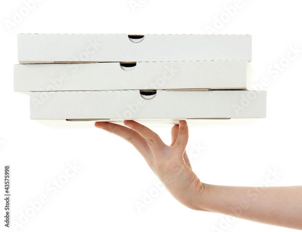 Fototapeta pudełko pizzy ręką, na białym tle