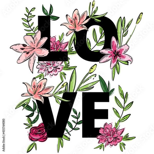 Obraz Vector abstract set with roses, lilies, leaves.