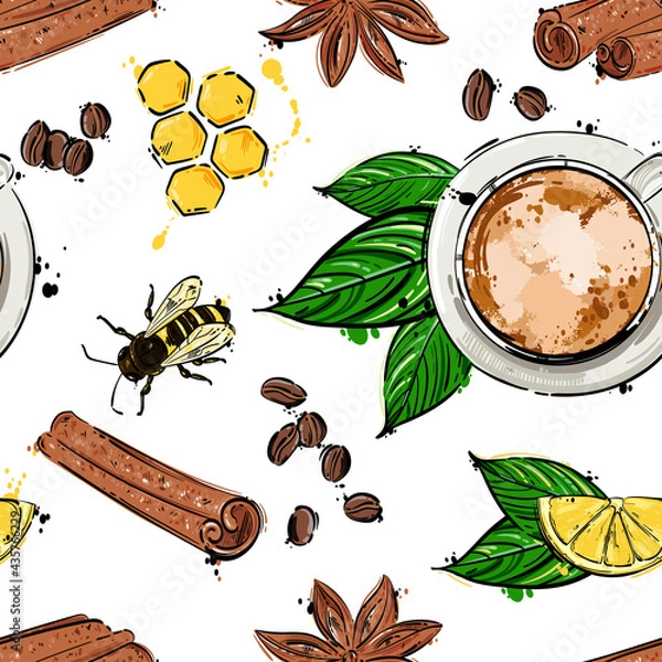 Obraz Seamless pattern. Vector abstract illustration of cinnamon, coffee mug, coffee beans, lemon, honey and a bee. Hand drawing