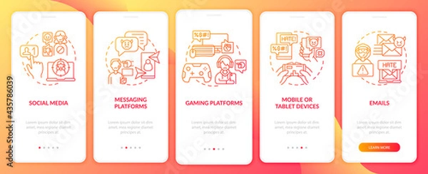 Fototapeta Cyberharassment channels onboarding mobile app page screen with concepts. Tablet devices, emails walkthrough 5 steps graphic instructions. UI, UX, GUI vector template with linear color illustrations