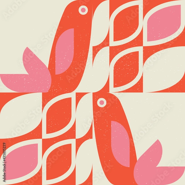 Obraz Abstract geometric retro inspired vector seamless pattern.Stylized bird, leaves and flowers in pastel colors. Simple background in traditional decorative folk art scandinavian style.Isolated texture