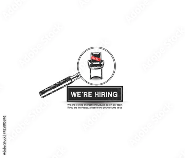 Fototapeta Magnifying glass choosing office chair with vacant sign. We are hiring design with hand drawing style