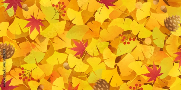 Fototapeta イチョウと紅葉と松ぼっくりなどの秋のベクターイラスト背景(落ち葉、どんぐり、絨毯)