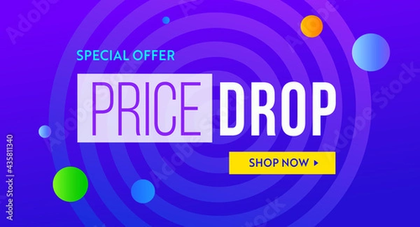 Obraz Price drop banner design. Low price poster, cheap vector template. Price drop falling prices and Business downturn, financial debt, banner sale schedule 