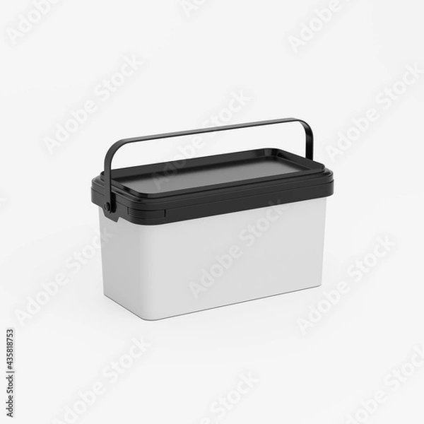 Fototapeta Black rectangular plastic can / bucket / container with handle and a blank label. Perspective view, isolated on white background.