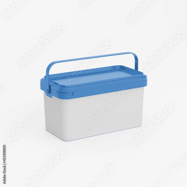 Fototapeta Blue rectangular plastic can / bucket / container with handle and a blank label. Perspective view, isolated on white background.