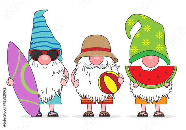 Obraz Summer gnomes. Gnomes with surfboard, beach ball and watermelon