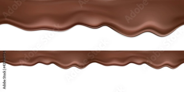 Obraz Seamless vector horizontal realistic dark or milk chocolate with drip and shadows.A smooth wave of flowing melted chocolate, cocoa or chocolate dessert.Liquid flowing chocolate isolated on white