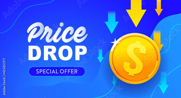 Obraz Price drop banner design. Low price poster, cheap vector template. Price drop falling prices and Business downturn, financial debt, banner sale schedule 