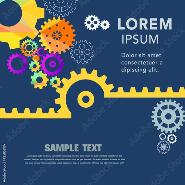 Fototapeta Abstract techno gear background with geometric colorful gear wheels. Space for gear text. Vector gears modern mechanism industrial concept. Technology gears background. Gears Vector illustration 