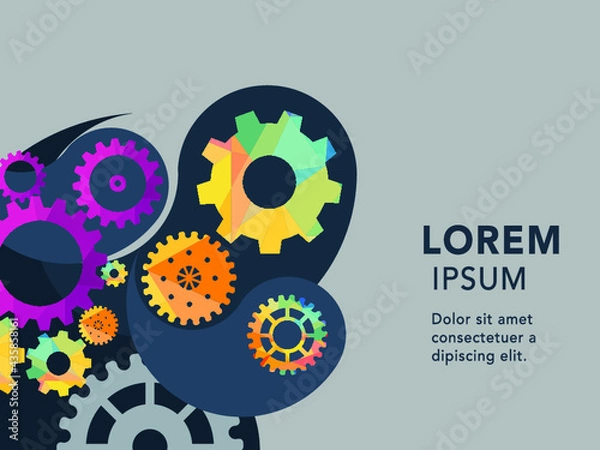 Fototapeta Abstract techno gear background with geometric colorful gear wheels. Space for gear text. Vector gears modern mechanism industrial concept. Technology gears background. Gears Vector illustration 