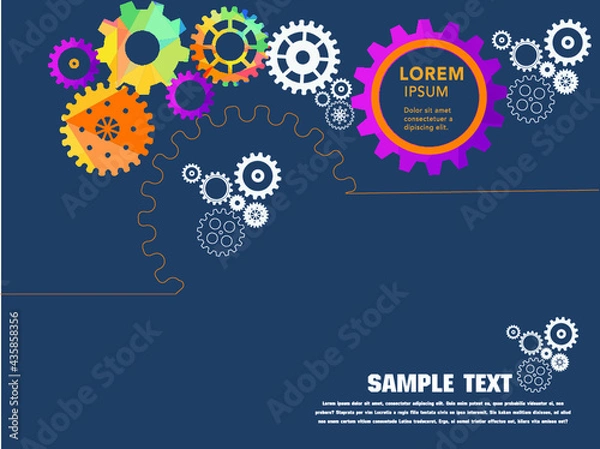 Fototapeta Abstract techno gear background with geometric colorful gear wheels. Space for gear text. Vector gears modern mechanism industrial concept. Technology gears background. Gears Vector illustration 