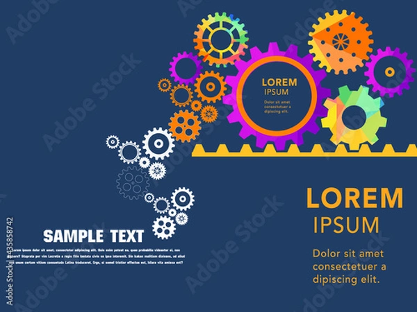 Fototapeta Abstract techno gear background with geometric colorful gear wheels. Space for gear text. Vector gears modern mechanism industrial concept. Technology gears background. Gears Vector illustration 