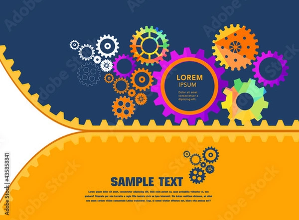 Fototapeta Abstract techno gear background with geometric colorful gear wheels. Space for gear text. Vector gears modern mechanism industrial concept. Technology gears background. Gears Vector illustration 