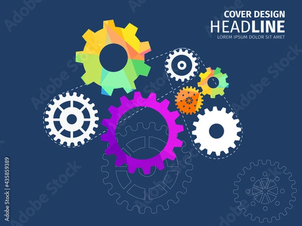 Fototapeta Abstract techno gear background with geometric colorful gear wheels. Space for gear text. Vector gears modern mechanism industrial concept. Technology gears background. Gears Vector illustration 
