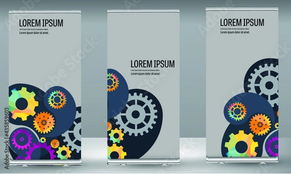 Fototapeta Abstract techno gear background with geometric colorful gear wheels. Space for gear text. Vector gears modern mechanism industrial concept. Technology gears background. Gears Vector illustration 