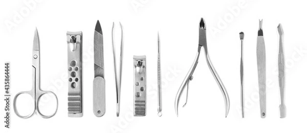 Fototapeta Manicure set on white background, top view