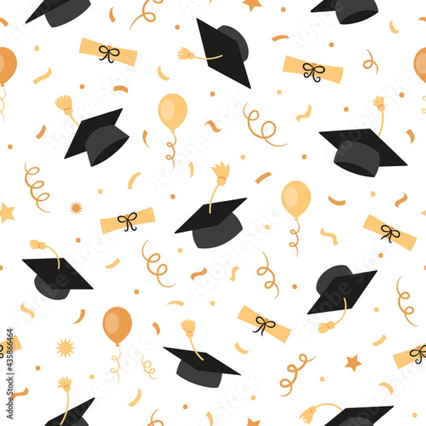 Obraz Graduation black caps with tassels, diplomas, certificates, balloons, confetti, seamless pattern, background, wallpaper, education.