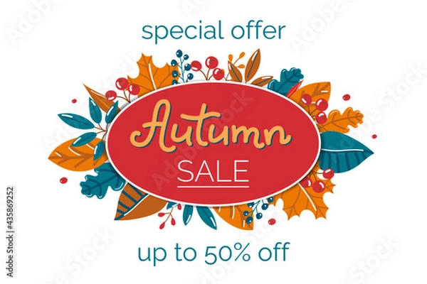 Obraz Autumn sale text advertising banner with a discount for seasonal purchases with colorful autumn leaves and berries on a white background. Vector illustration.