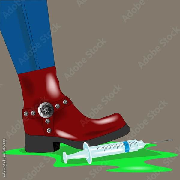 Obraz The leg is in jeans, and the swinging leg presses on the syringe. A bright green liquid flows out of the syringe. With copy space.  No drugs. Poster, banner. 