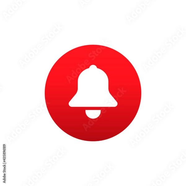 Obraz White bell on red round background button for apps like youtube, alert ringing or subscriber alarm symbol