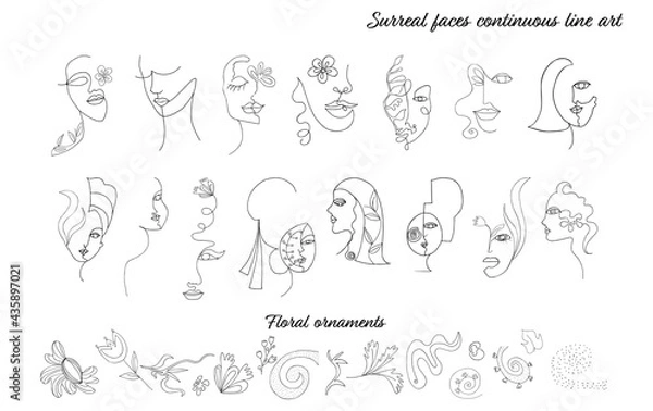 Obraz Abstract illustration set of female women faces in modern minimalist continuous line art style.Drawing. Beauty and fashion concept.Isolated surreal faces and portraits.Collection.Hand draw