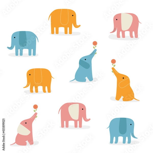 Fototapeta Vector set of cute drawn elephants. African or Indian blue, dark blue and gray elephant in various poses. Family of elephants. Light elephant pattern. Coloring book, textiles, wallpaper, cartoon.