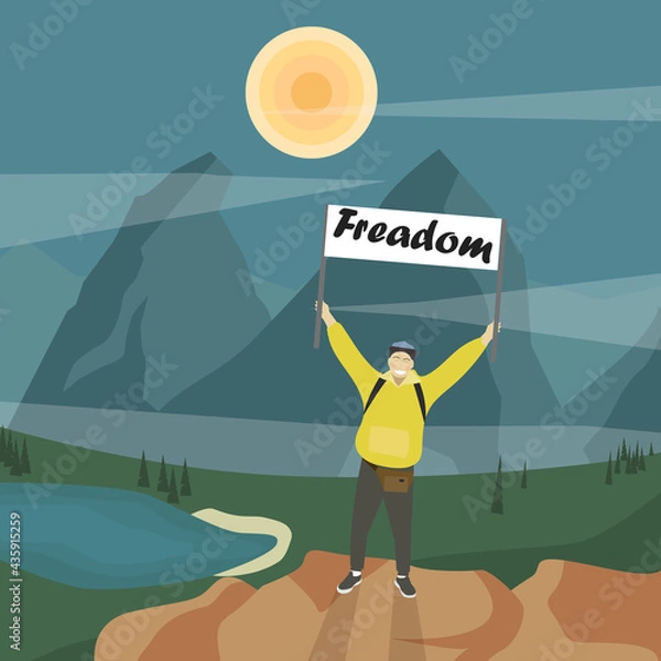 Fototapeta A traveler in the mountains holding a sign "Freedom". Summer active pastime. Active kind of sport. Adventures. Freedom. Mountains, lake, trees and sun. A man in tourist clothes with a backpack.