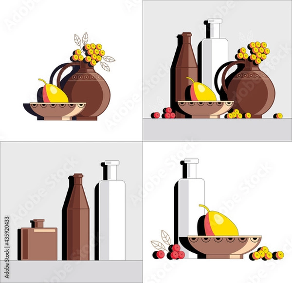Fototapeta Still life with bottles, pears and berries. Color vector illustration on white background.