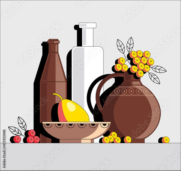 Fototapeta Still life with bottles, pears and berries. Color vector illustration on white background.