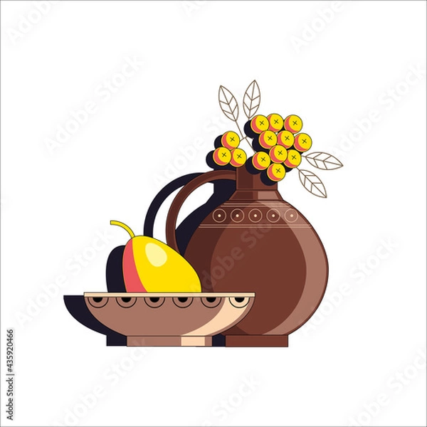 Fototapeta Still life with a vase and a pear. Color vector illustration on white background.