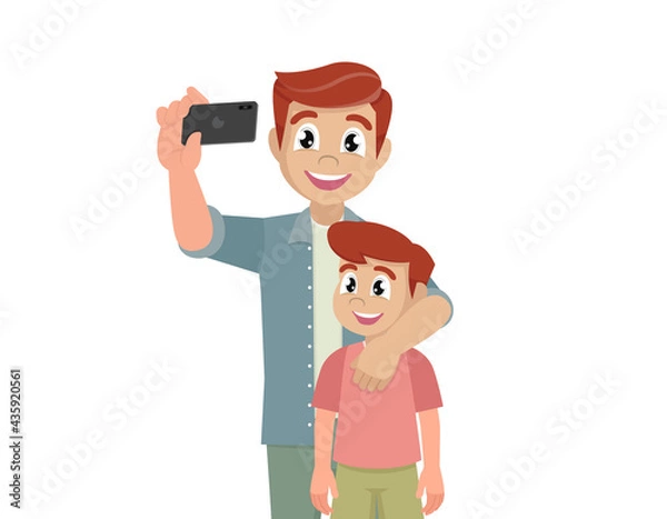 Obraz father and son taking selfie cute cartoon. ,vector eps10 
