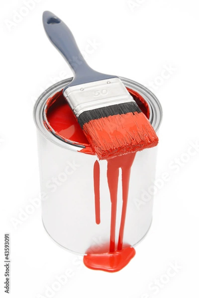 Fototapeta Roter Farbeimer mit Pinsel