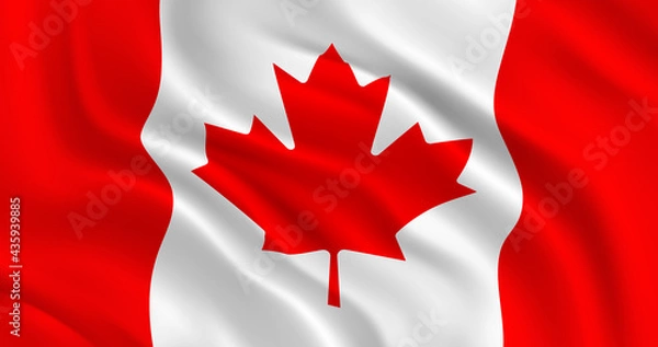 Obraz National Flag of Canada flies in the wind. Wavy canadian flag. Close up front view. Beautiful for design. Realistic 3d Vector illustration