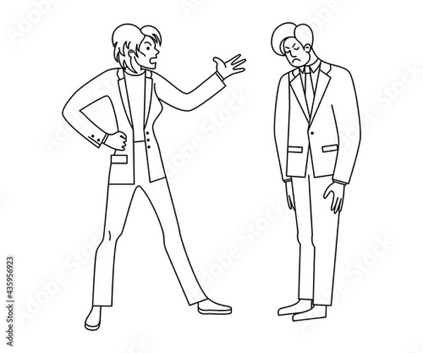 Fototapeta A disgruntled  female boss insults an employee.  Angry female chief shouts at the subordinate. Conflicts at work. Negative emotions. Contour drawing on an isolated white background.