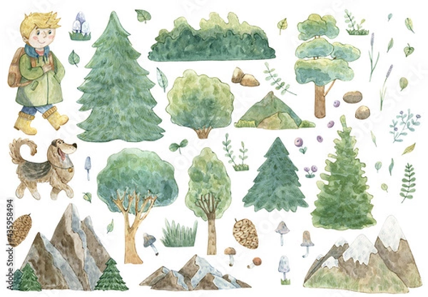 Fototapeta Watercolor set of illustrations with cute characters and forest elements. Hand-drawn clipart with boy, dog, trees and mountains. Isolated on white background. Design for textile, print, decoration.