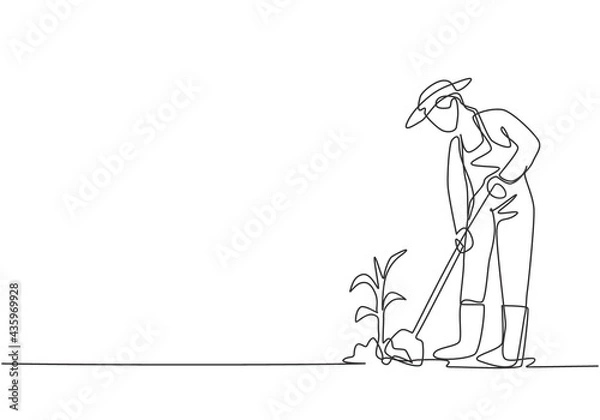 Fototapeta Single continuous line drawing young female farmer shoveled the soil with the plants using a shovel. Farming challenge minimalist concept. Dynamic one line draw graphic design vector illustration.