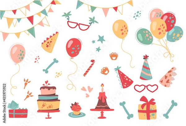 Obraz Festive set for birthday. Vector collection of hats, gifts, buntings, cakes, cupcakes, glasses and balloons. Dinosaur decorative elements, footprints and bones.