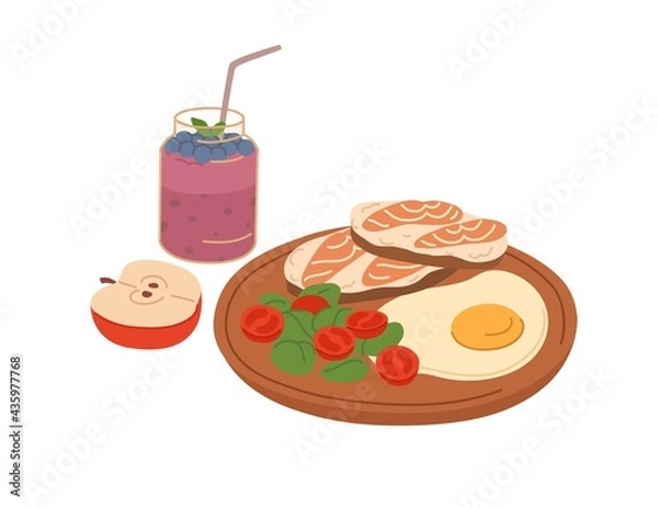 Obraz Healthy food for breakfast or lunch. Toasts with salmon slices, fried egg, fresh vegetables on wooden board, apple and berry smoothie. Colored flat vector illustration isolated on white background